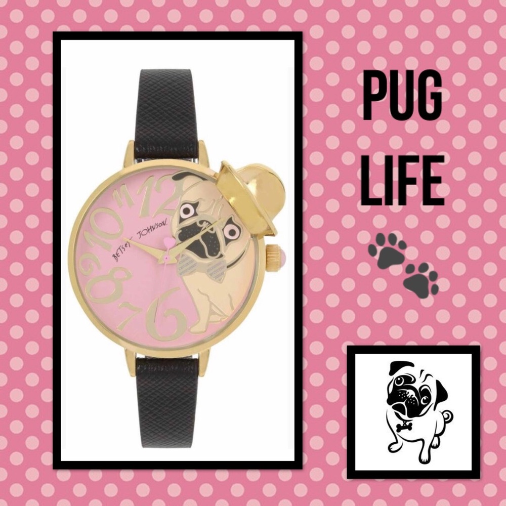 Betsey Johnson Pink Pug in a Hat Black Strap Watch - Picture 8 of 8
